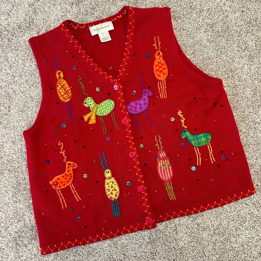 Vintage y2k Susan Bristol Sweater Vest Button Front Women Size Large Animals 732
